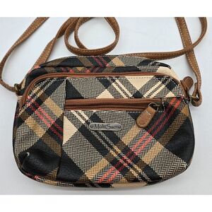 MultiSac Plaid Crossbody Bag - Black Beige Red Checkered Pattern With Adjustable